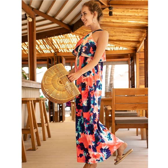 Tie Dye Halter Ruffle Top Maxi Dress Multicolor - Picture 2 of 8